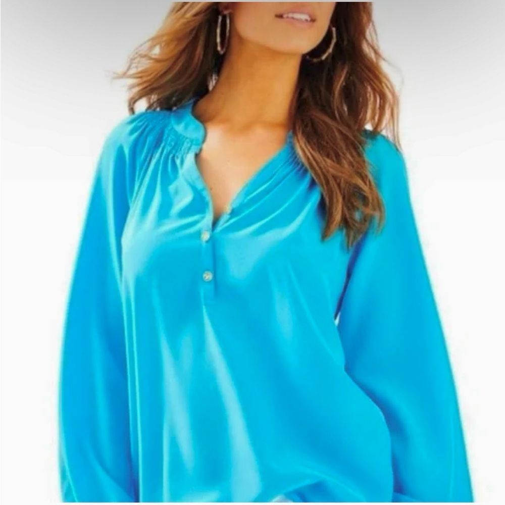 Lilly Pulitzer Elsa Silk Top Color Block Combo Blue Green Long Sleeve